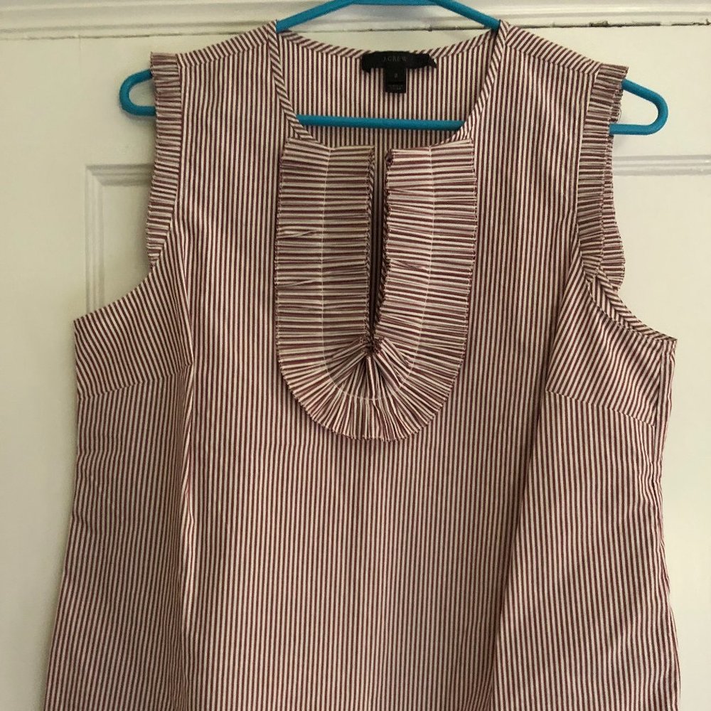 J. Crew burgundy and white stripe shell with pleated detail